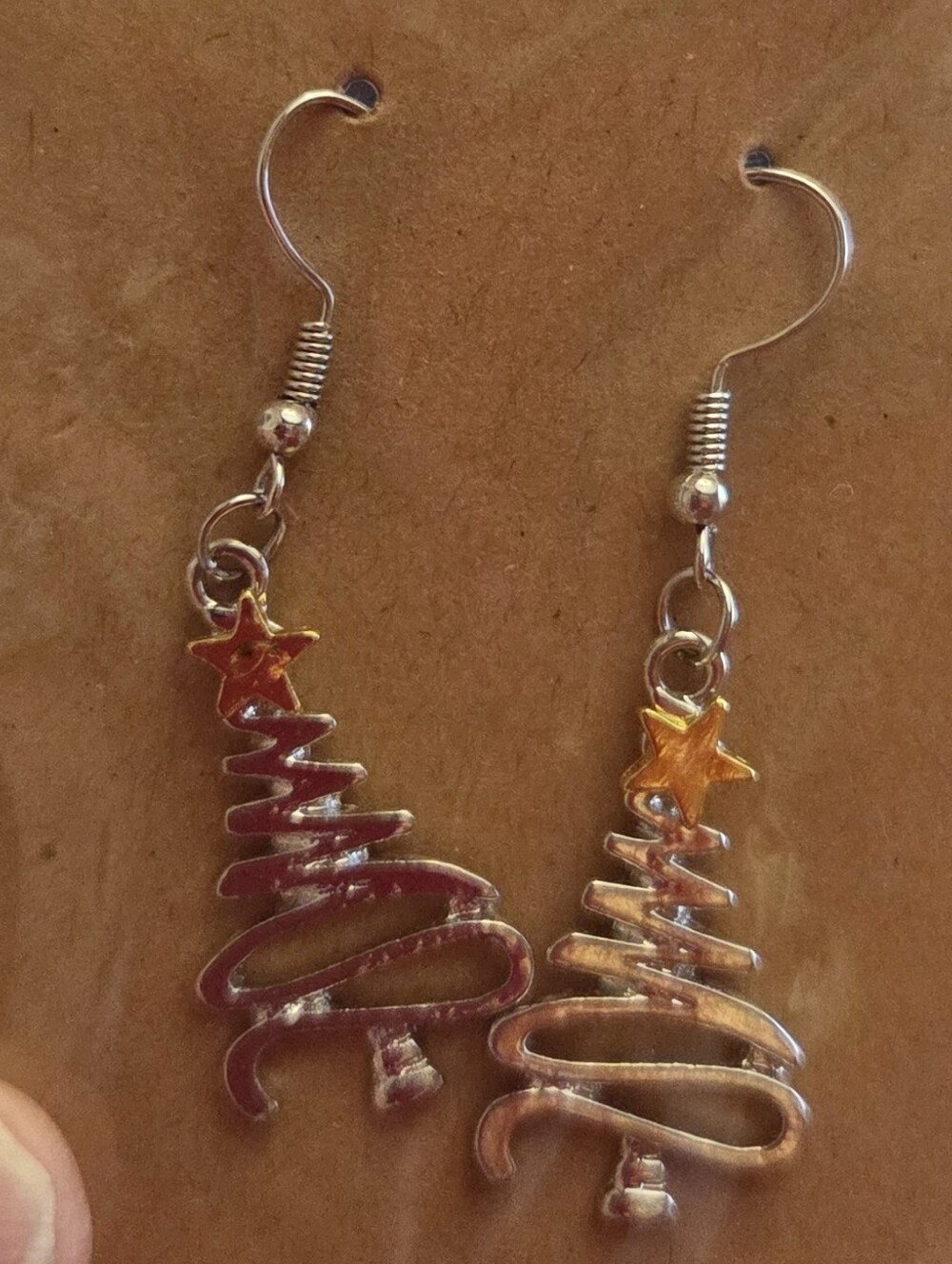 Silver Christmas Tree Dangle Earrings with Gold Star